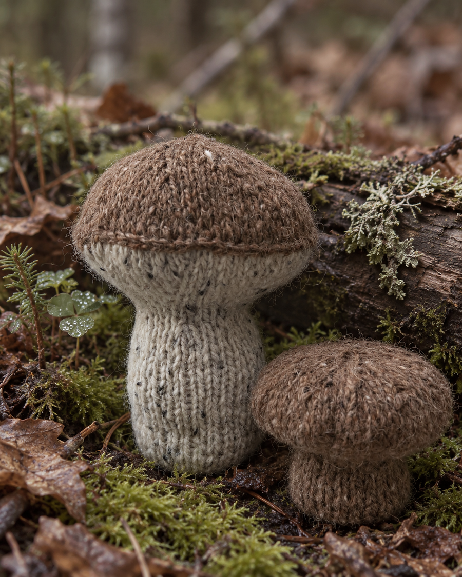 To strikkede sopper i brunt og natur mellom mose og løv · høyde ca. 5 til 10 cm, str. XS til XL